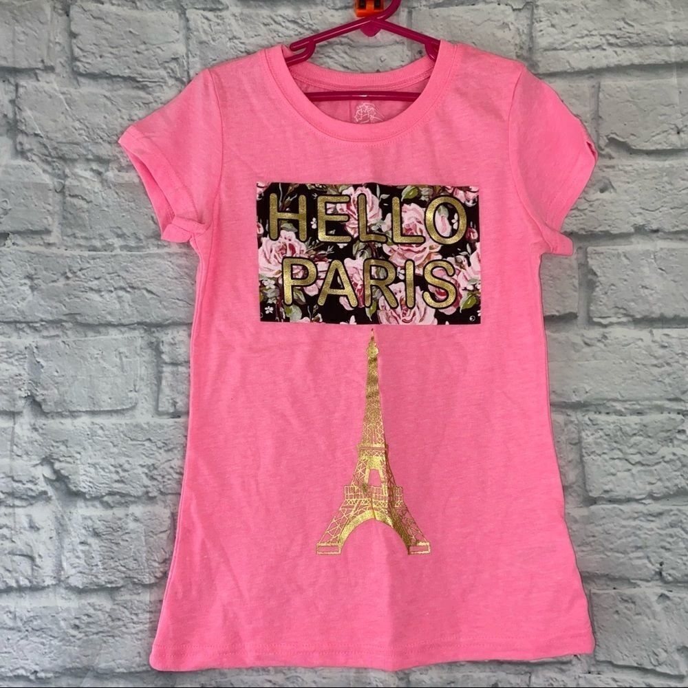 Twirl hello Paris graphic print tee pink w/Eiffel tower and flowers sz med 7/8